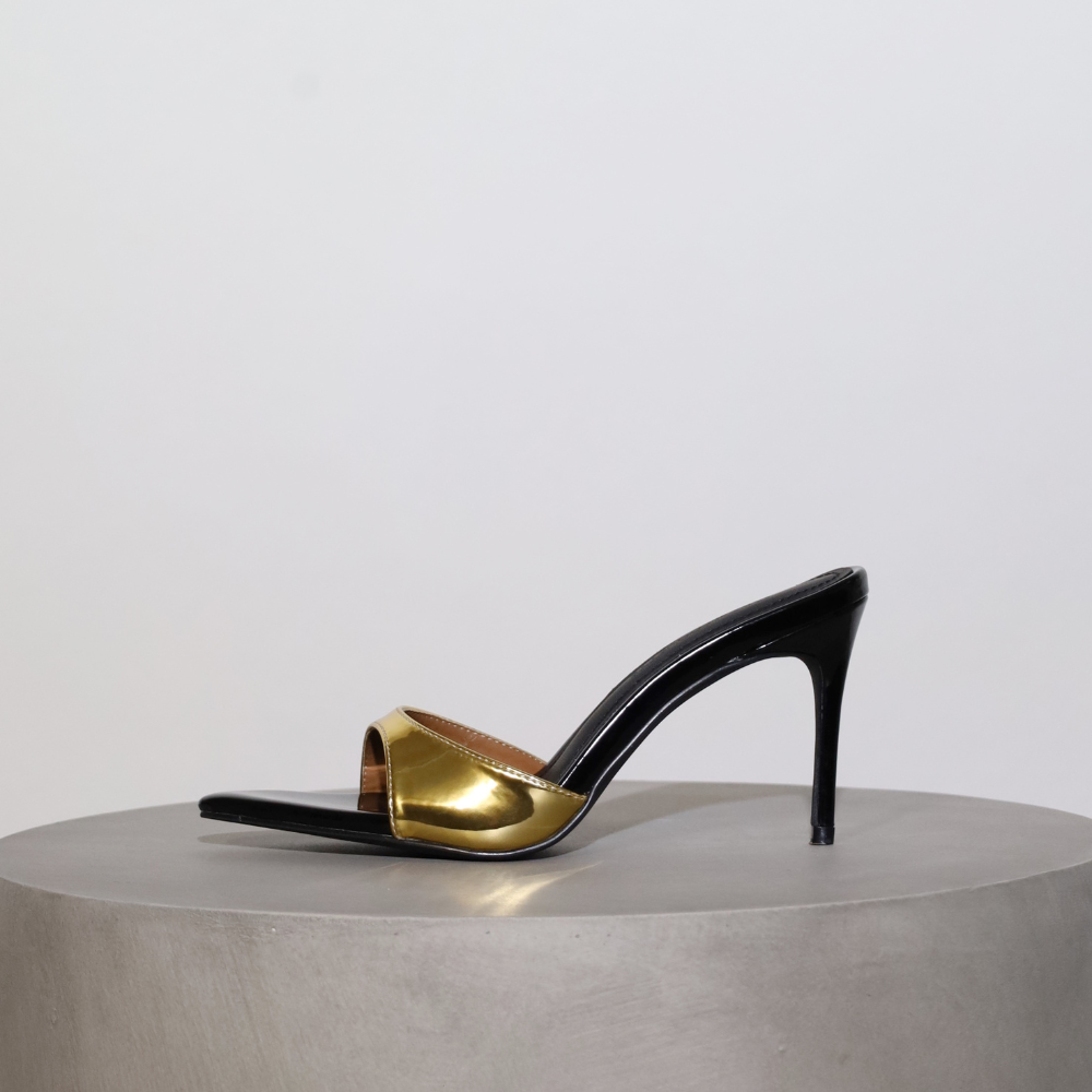 Gia Gold Black Patent Leather Vegan Mules 80 mm Cult of Coquette