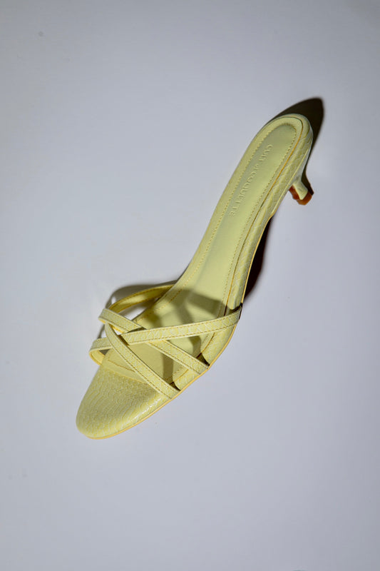 Romy Butter Yellow Reptile Strappy Kitten Mules 40 mm