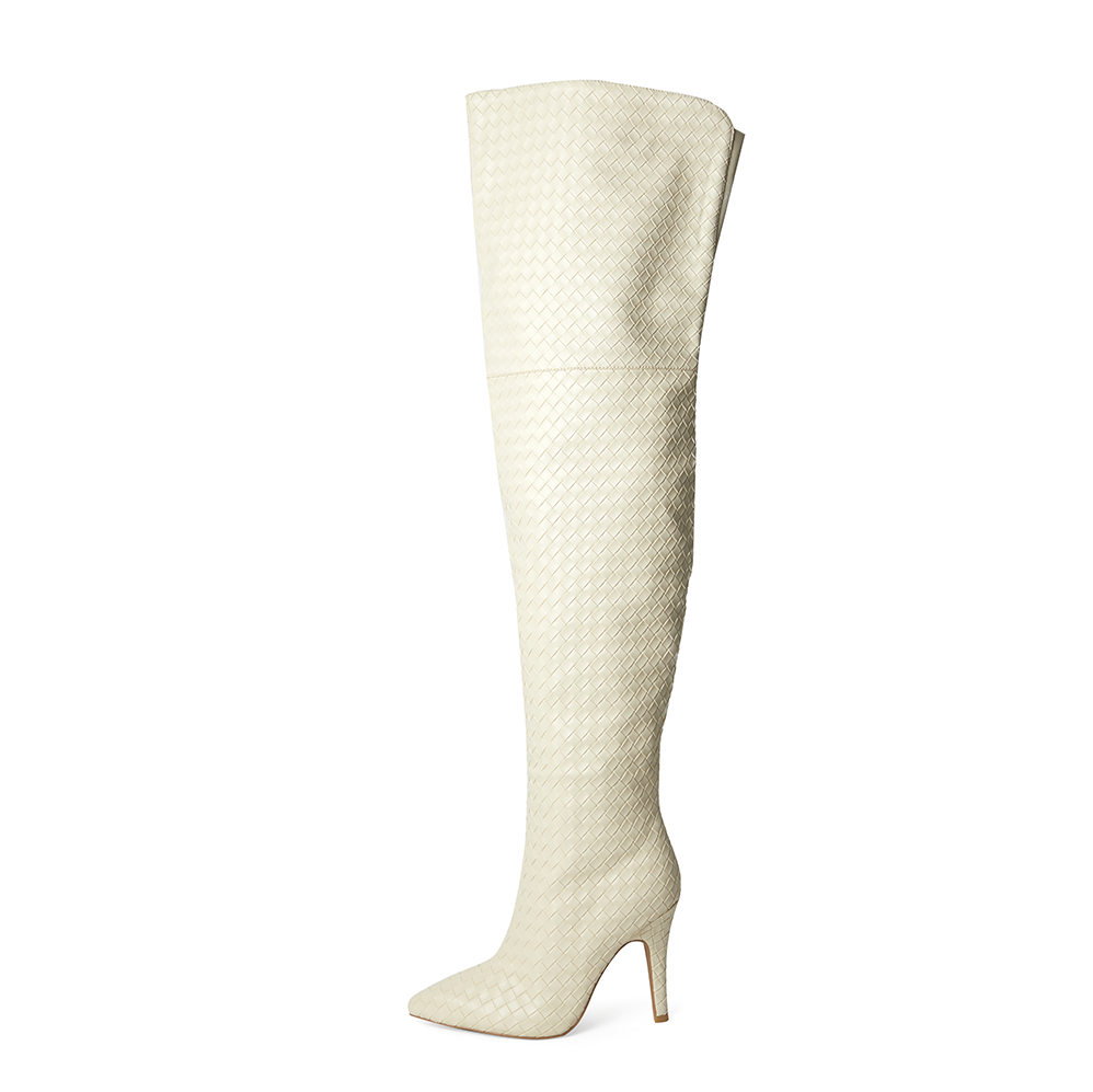 Ivory thigh high boots hotsell