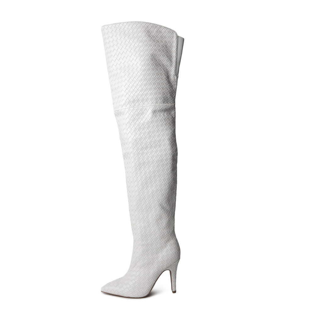 Cher White Woven Thigh High Boots