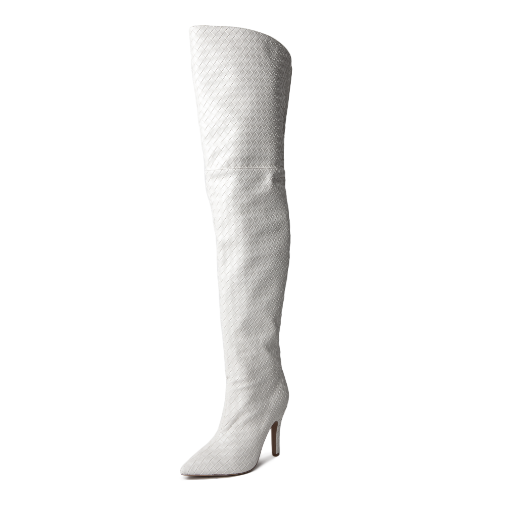 Cher White Woven Thigh High Boots
