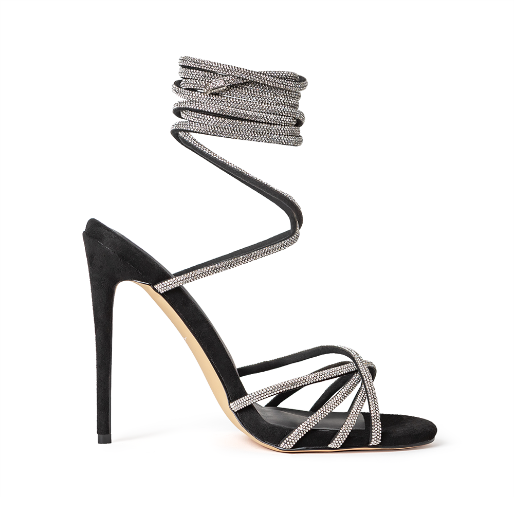 Grace Black Vegan Suede Crystal Wrap Sandal Heels