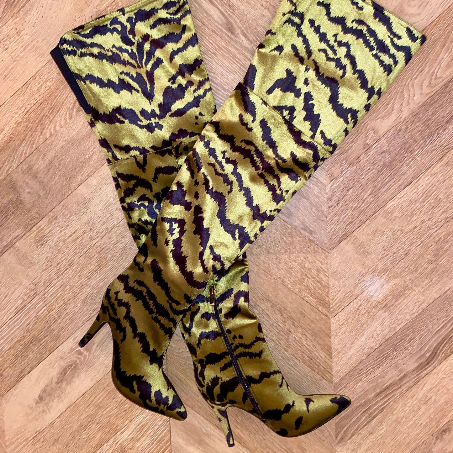 Jane green Velvet Tiger Print Thigh High Boots