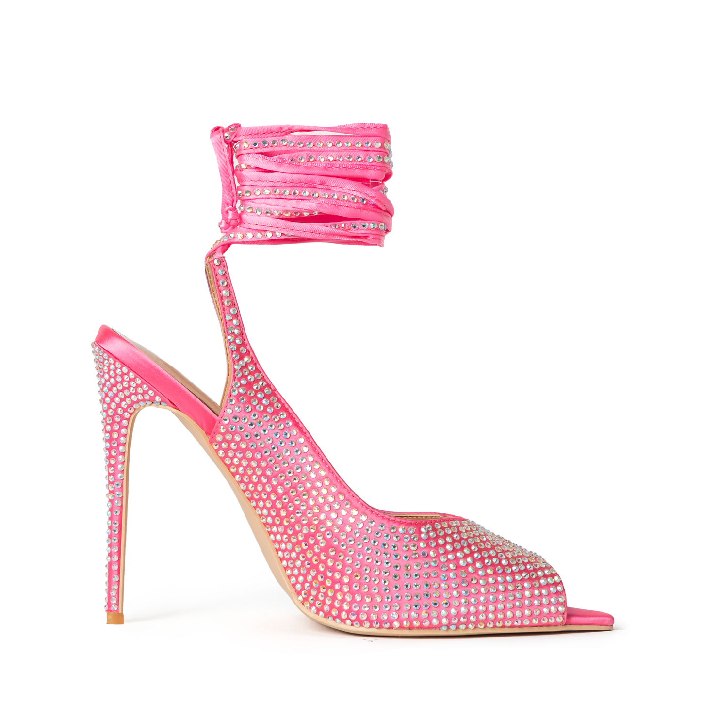 Kim Pink Satin Crystal Open Toe Heels