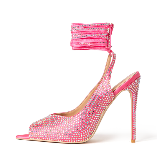 Kim Pink Satin Crystal Open Toe Heels