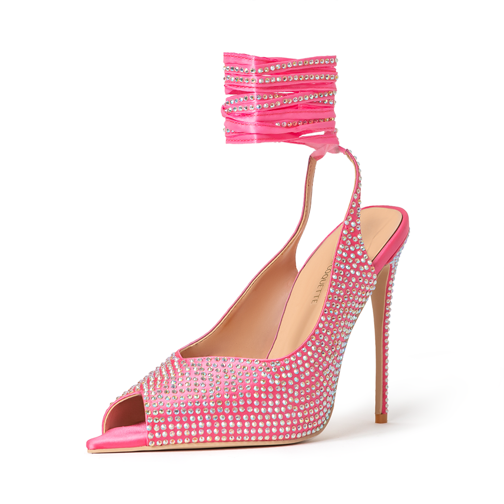 Kim Pink Satin Crystal Open Toe Heels