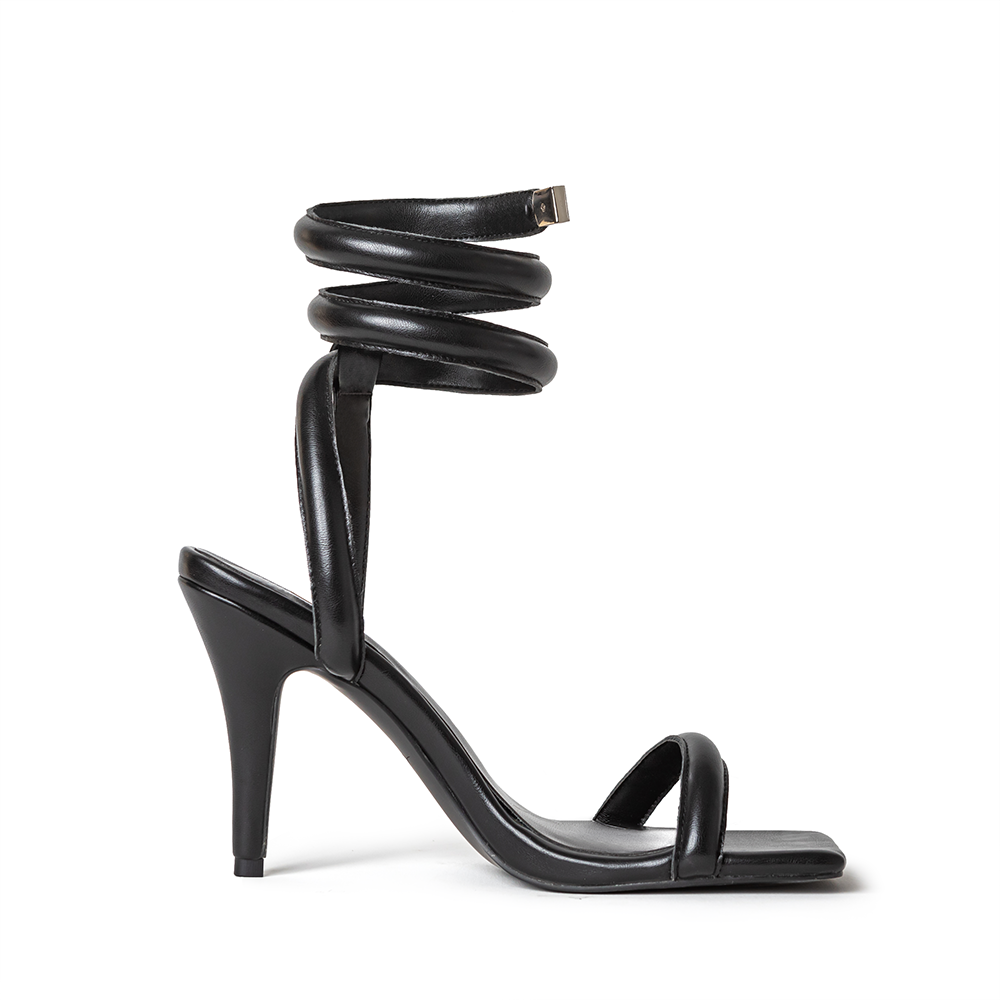 Tina Black Vegan Leather Wrap Heels