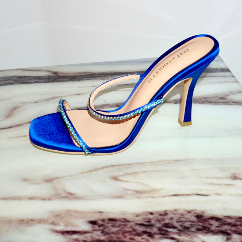 Julia Blue Satin Crystal Mules