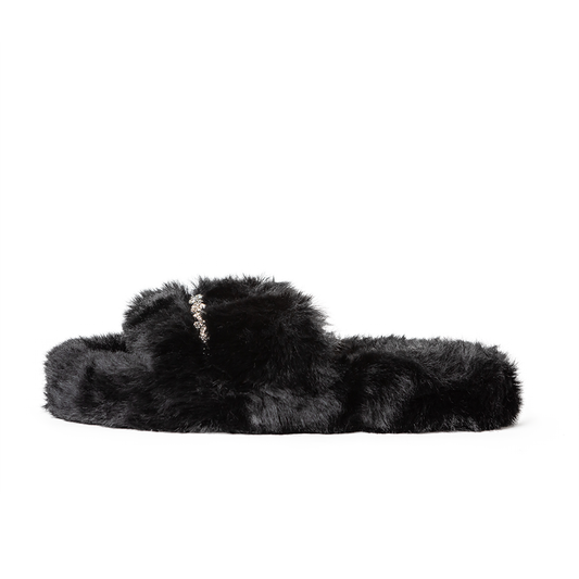 Zsa Zsa Black Faux Fur Slides with Crystals