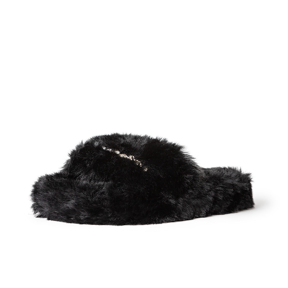 Zsa Zsa Black Faux Fur Slides with Crystals