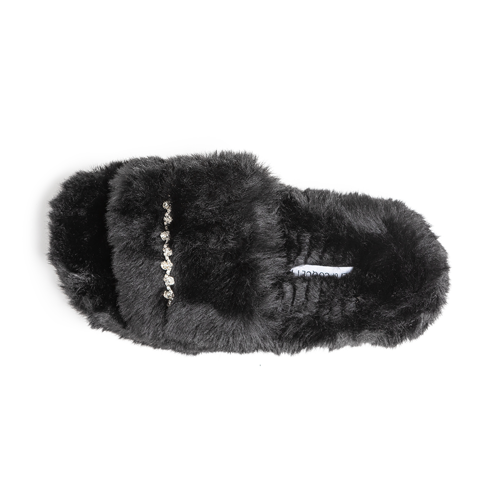 Zsa Zsa Black Faux Fur Slides with Crystals