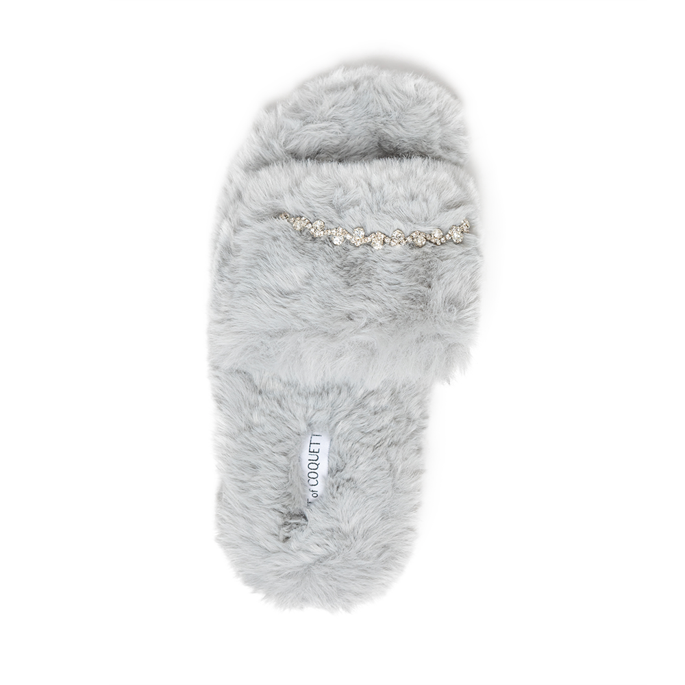 Zsa Zsa Grey Faux Fur Slides with Crystals