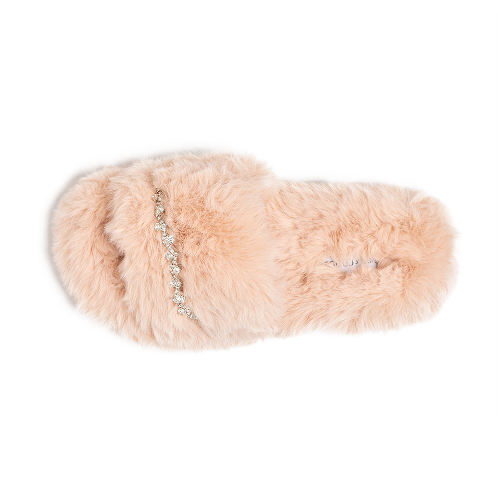 Zsa Zsa Peach Faux Fur Slides with Crystals