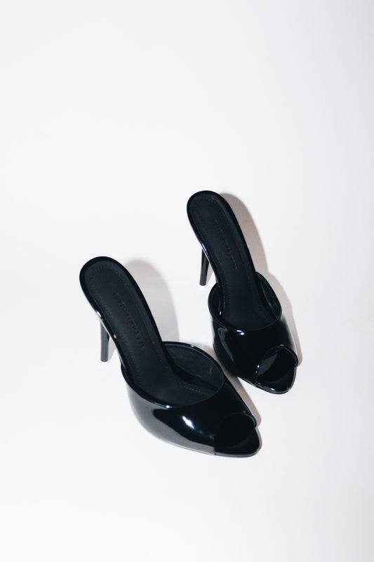 Ford Black Patent Vegan Leather Open Toe Mules