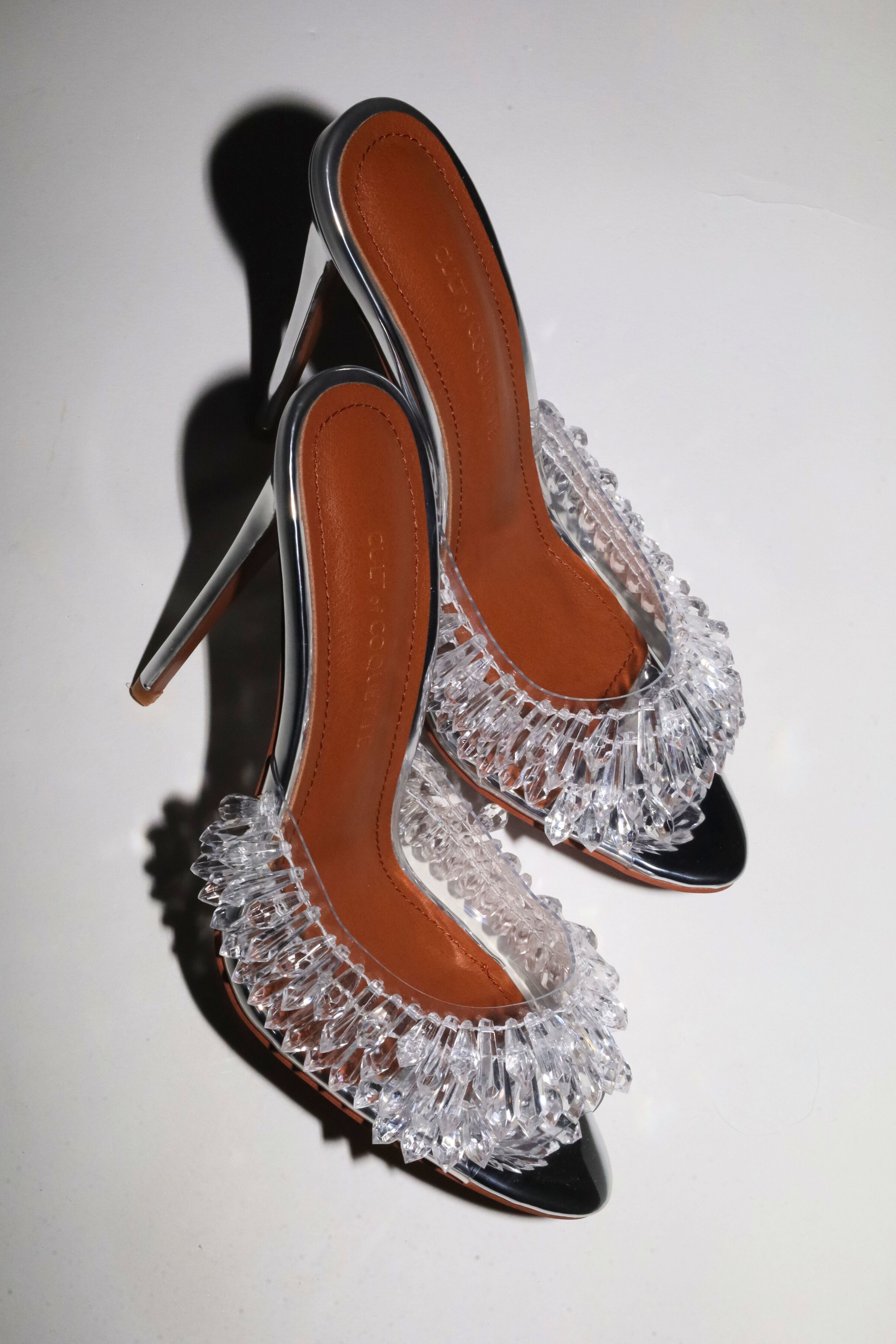 Women's Clear Glass Slippers Pumps Satin Mules Pearl Heels Clear
