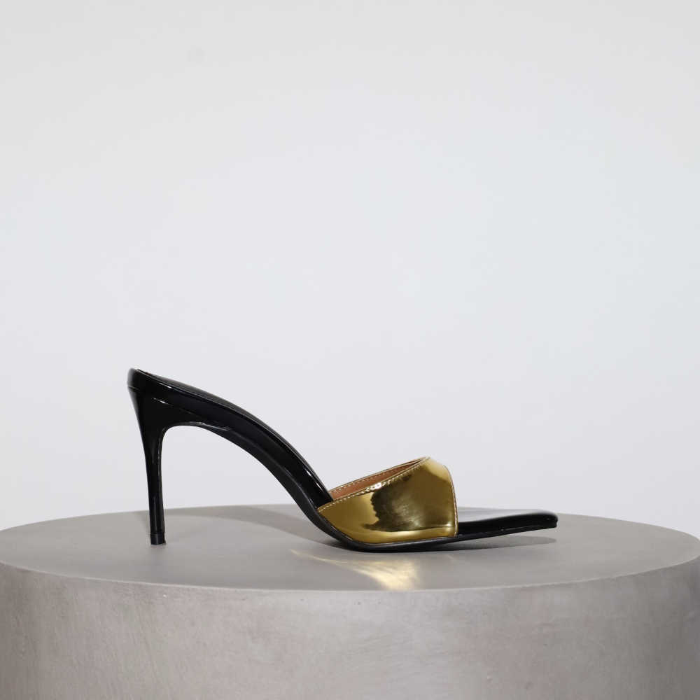 Black and top gold mules