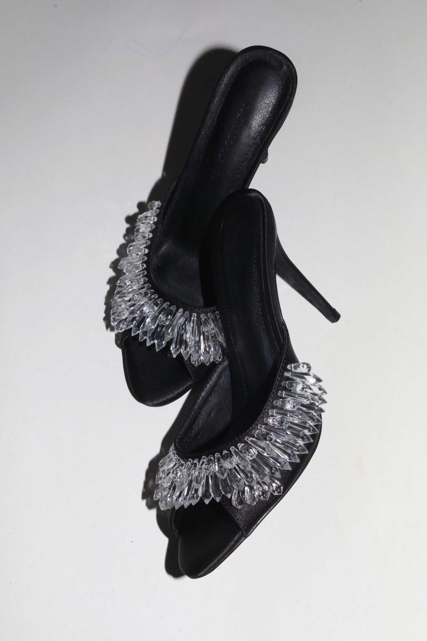 Goldie Black Satin Drip Chandelier Open Toe Mules 100 mm