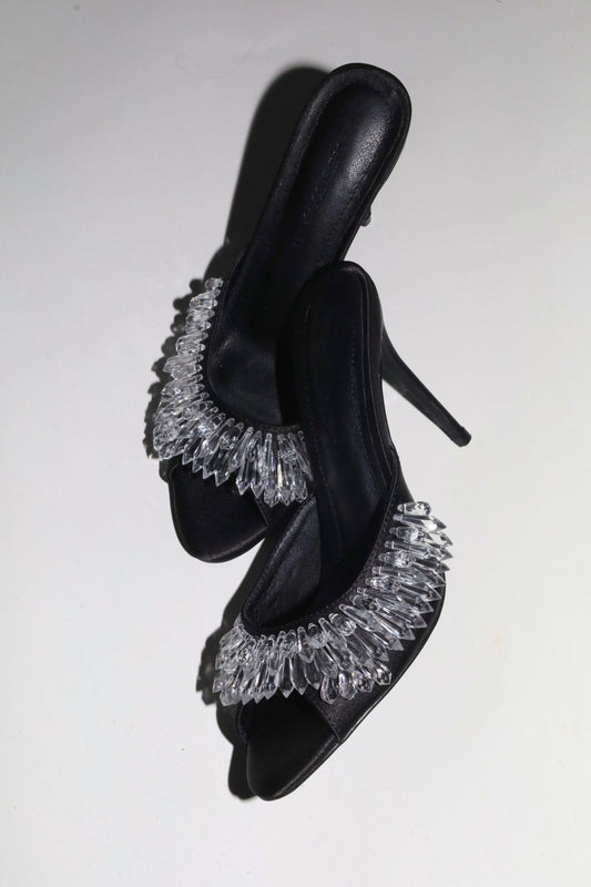 Goldie Black Satin Drip Chandelier Open Toe Mules 100 mm