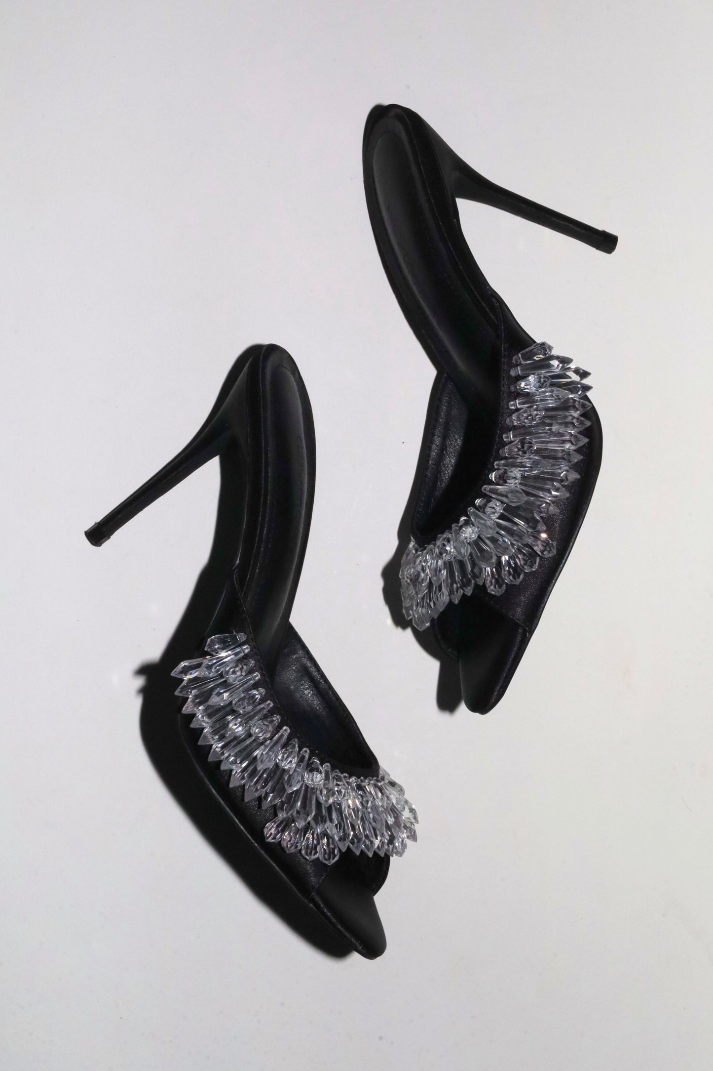 Goldie Black Satin Drip Chandelier Open Toe Mules 100 mm