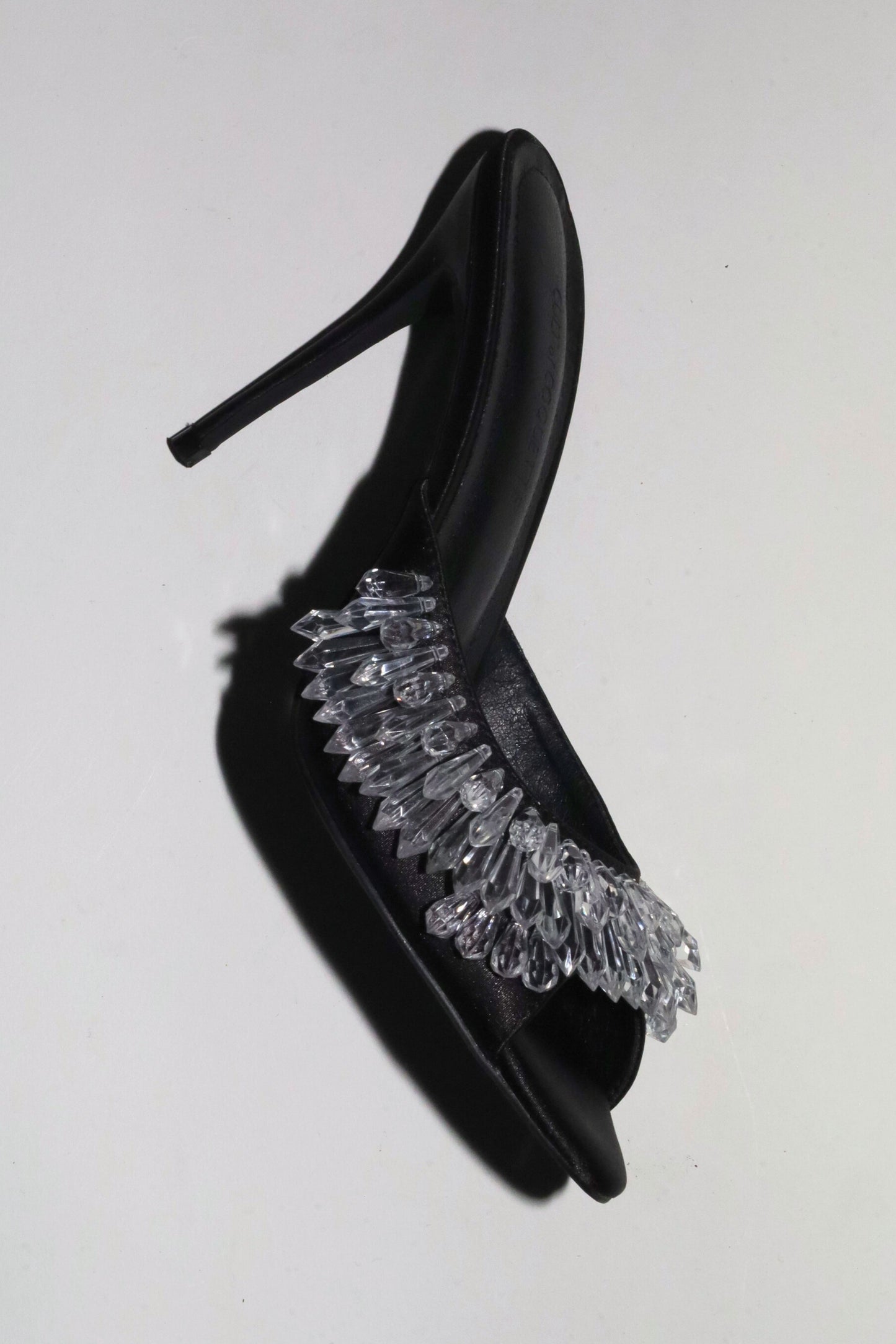 Goldie Black Satin Drip Chandelier Open Toe Mules 100 mm