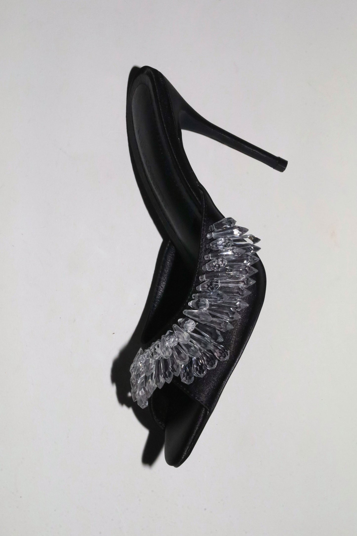 Goldie Black Satin Drip Chandelier Open Toe Mules 100 mm