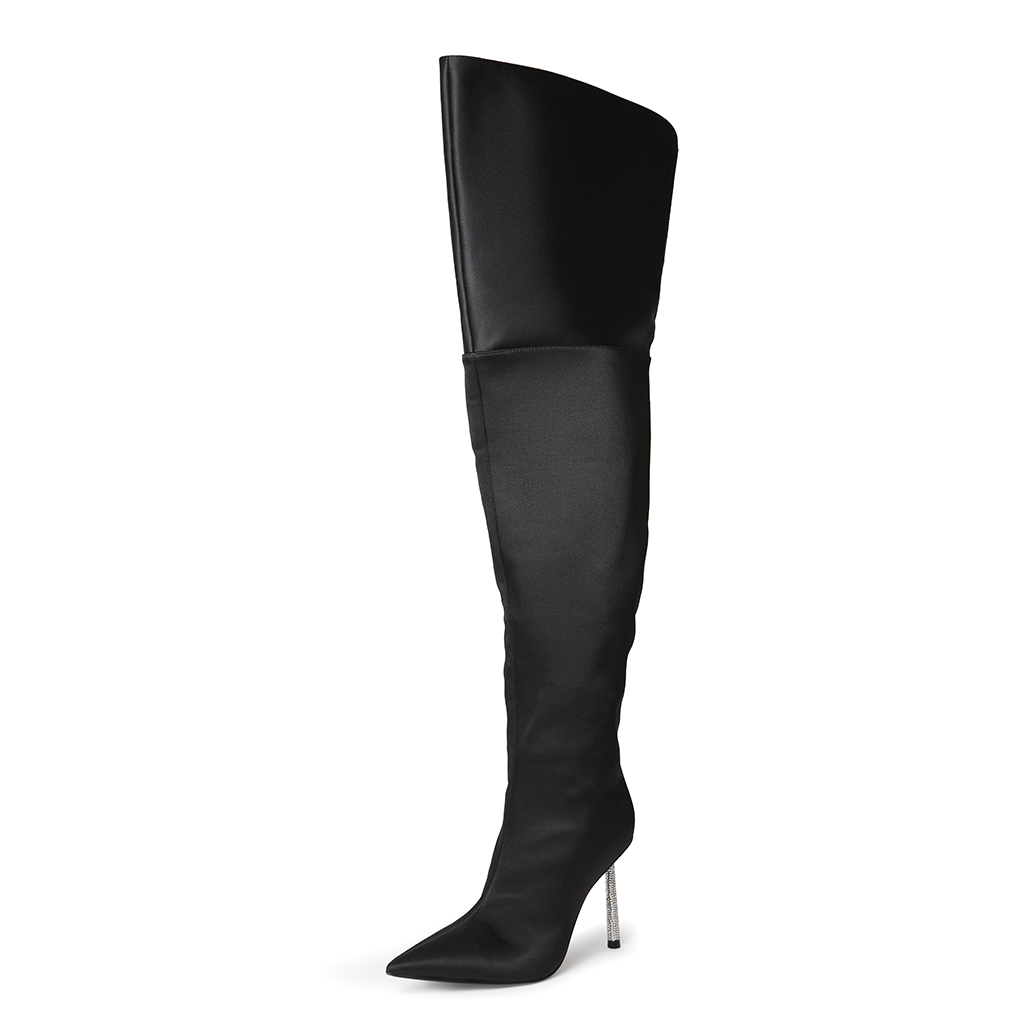Shania Black Satin Crystal Heel Boots