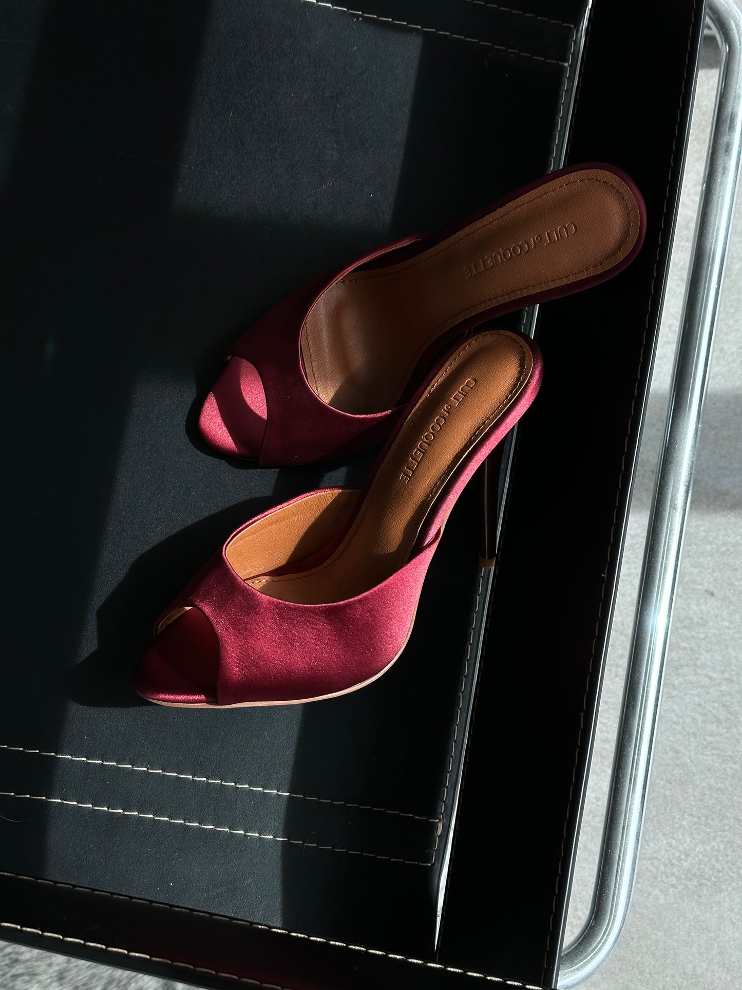 Ford Bordeaux Satin Open Toe Mules