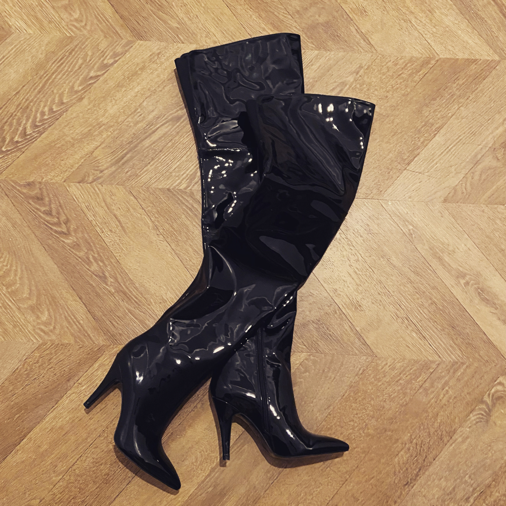Vegan Patent Leather Thigh High Boots - Black | US 5 1/2