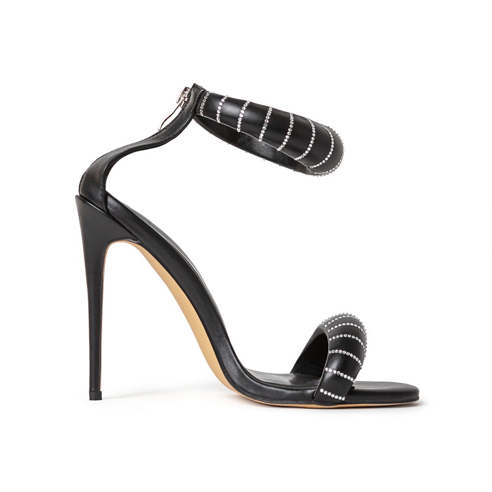 Carine Black Vegan Leather and Crystal Heels