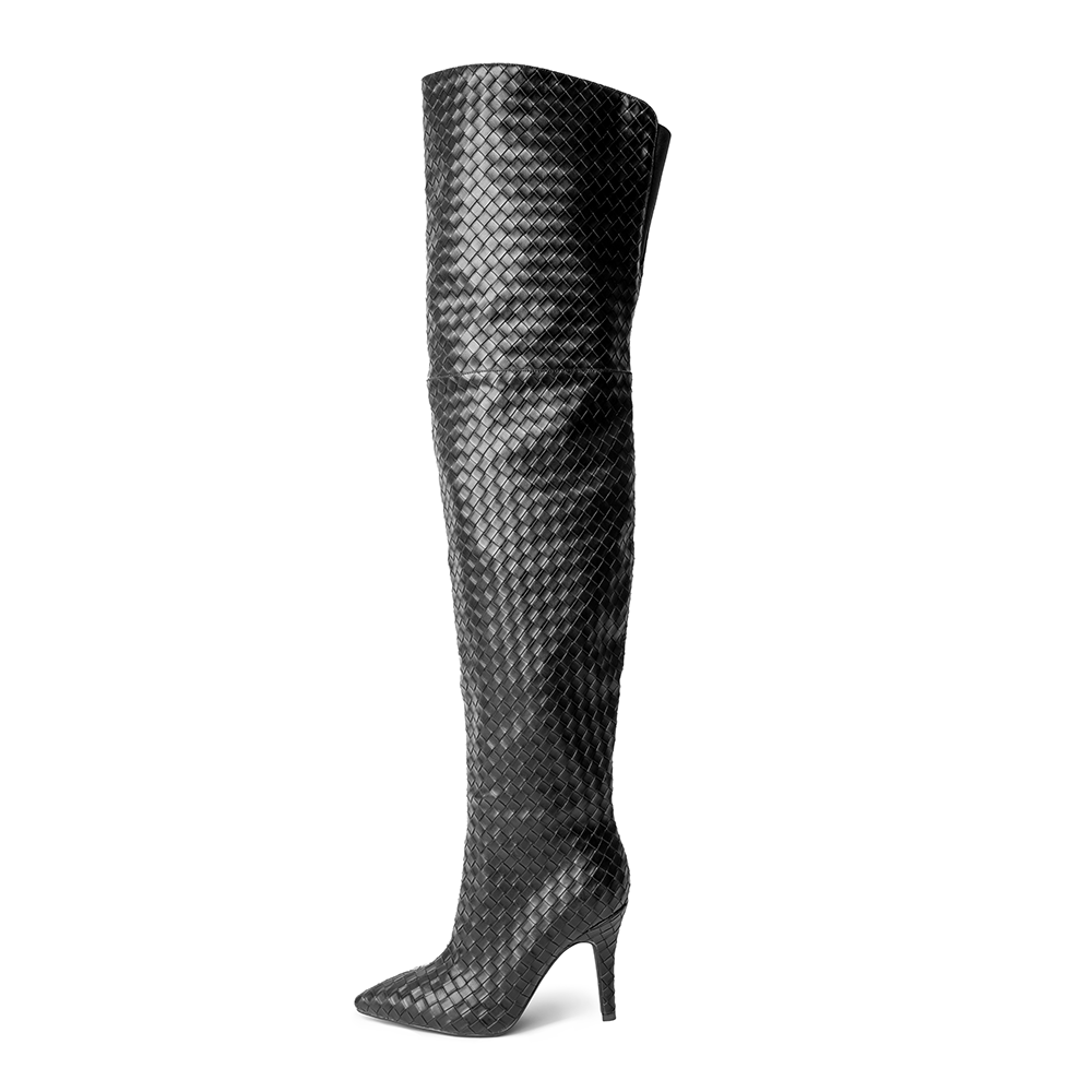 Cher Black Woven Thigh High Boots