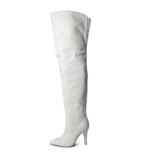 Cher White Woven Thigh High Boots
