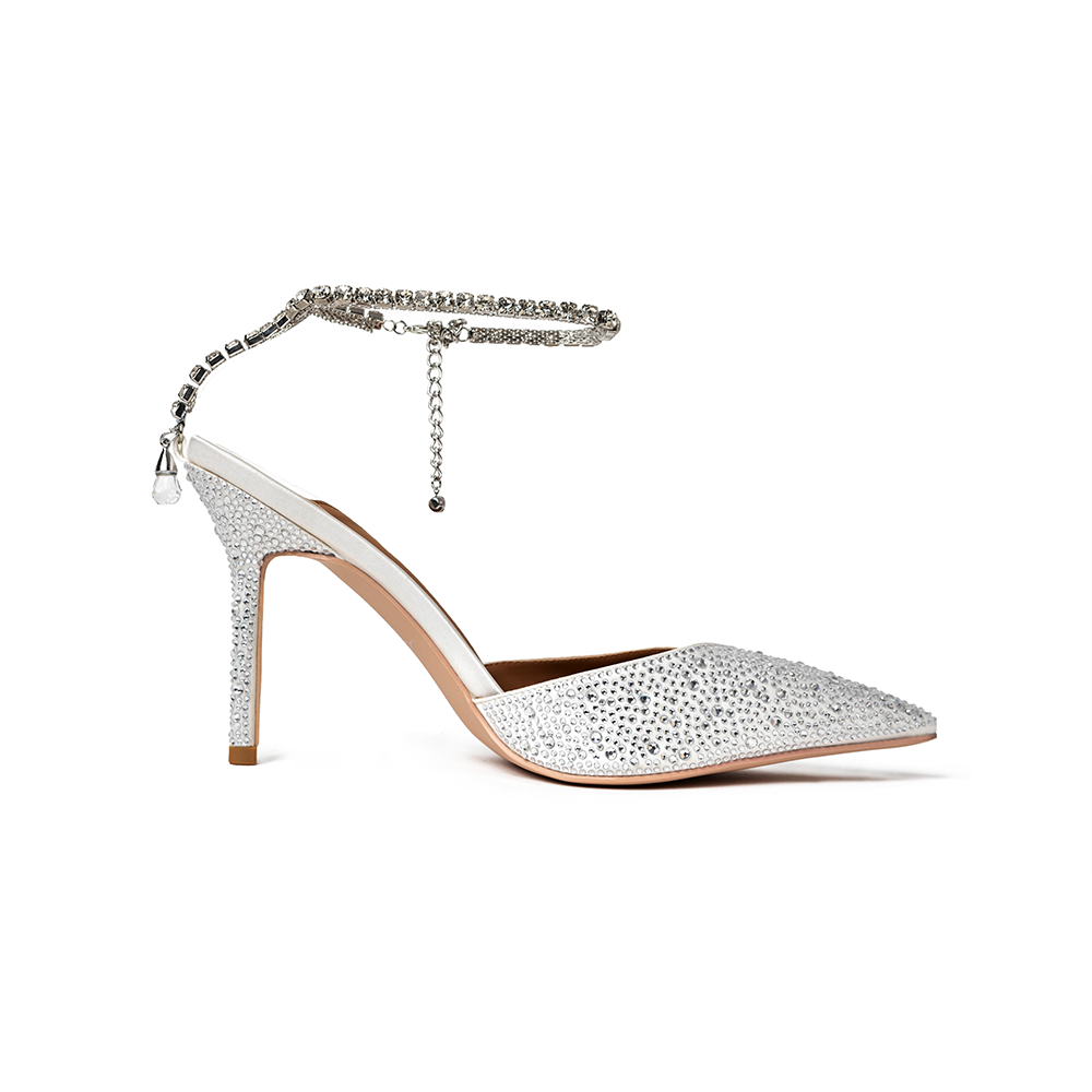 Hailey White & Silver Crystal Ankle Strap Heels