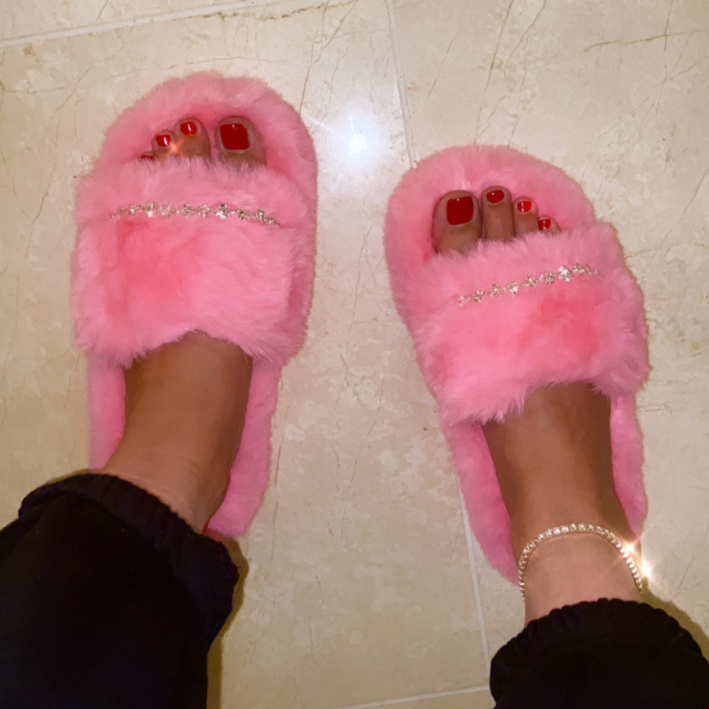 Zsa Zsa Hot Pink Faux Fur Slides with Crystals