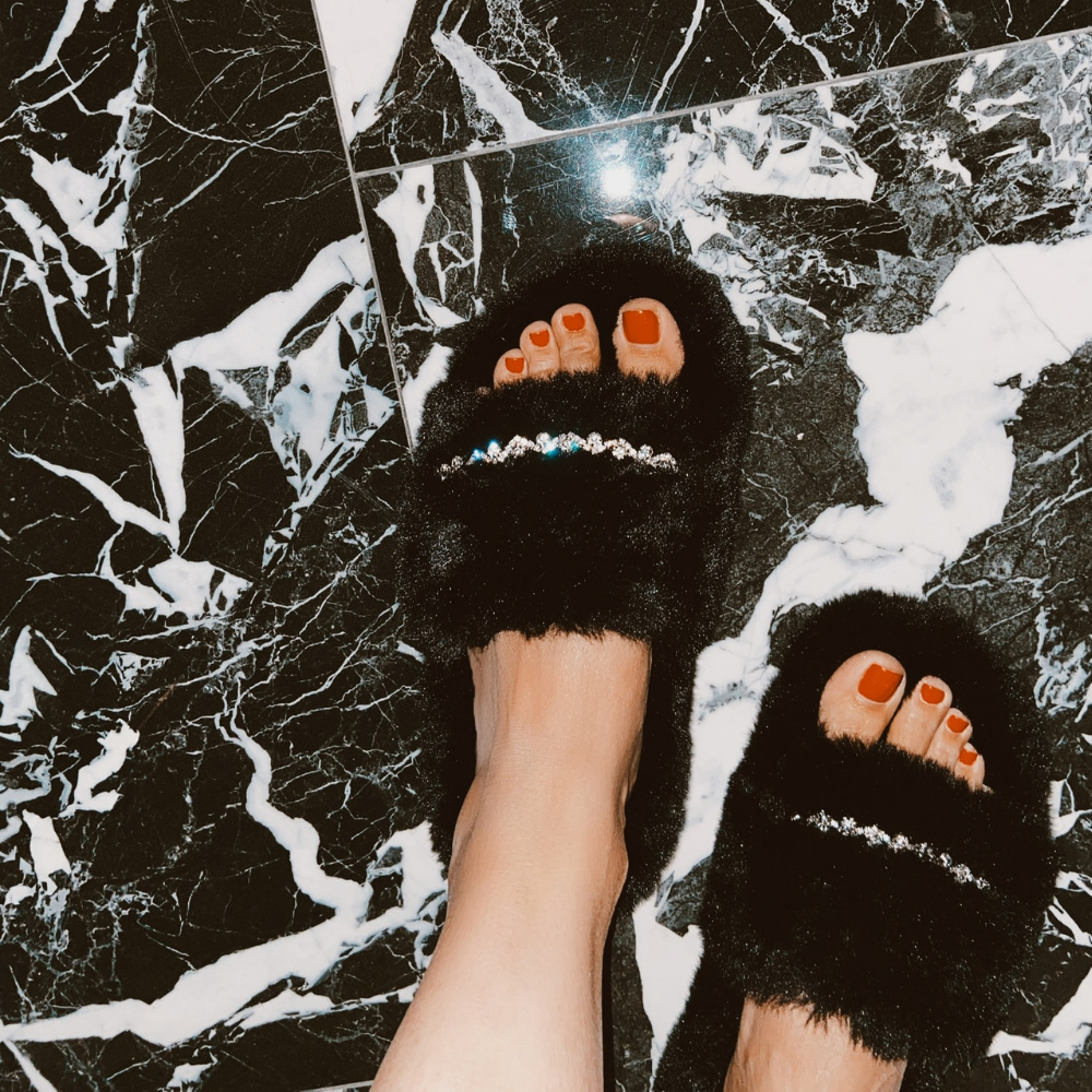 Zsa Zsa Black Faux Fur Slides with Crystals