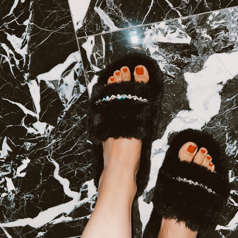 Zsa Zsa Black Faux Fur Slides with Crystals 7