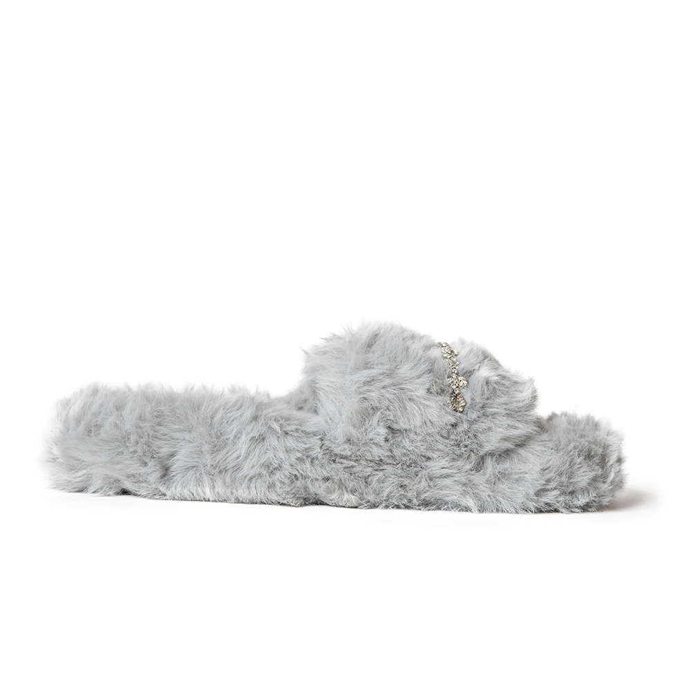 Zsa Zsa Grey Faux Fur Slides with Crystals